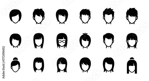 Collection of minimalist hairstyle icons for male and female avatars. Vector graphic head silhouette design elements set