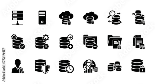 Comprehensive collection of glyph icons representing database management, server administration, and cloud data services for interface design