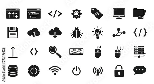A comprehensive set of black solid glyph icons for technology, software engineering, web development, and network security concepts