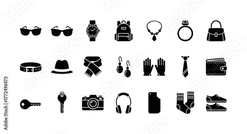 A comprehensive set of black glyph icons representing personal fashion accessories, everyday items, and modern gadgets for men and women