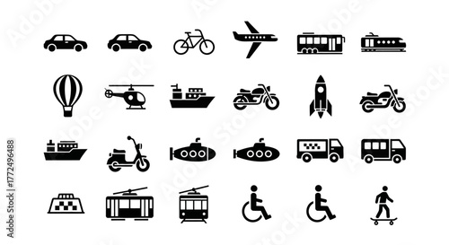 A diverse collection of monochrome transportation glyph icons, including vehicles for land, air, and sea travel