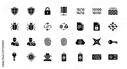 Solid glyph icon set illustrating concepts of internet security, data encryption, and network firewall protection