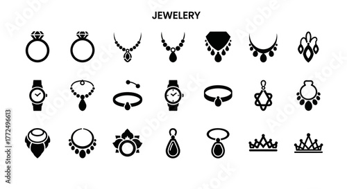 Elegant jewelry and luxury accessory icon set. Simple black and white vector illustrations of rings, necklaces, watches, and crowns