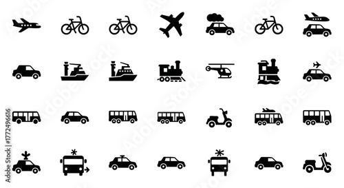 A diverse collection of black pixelated transport vehicle icons for digital design, featuring cars, planes, and trains