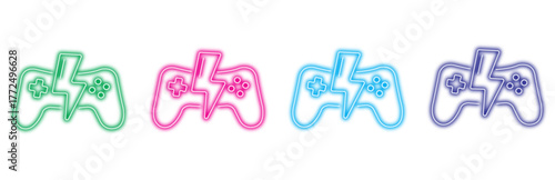 A set of four colorful neon game controllers with lightning bolts, symbolizing gaming power and excitement, isolated on white