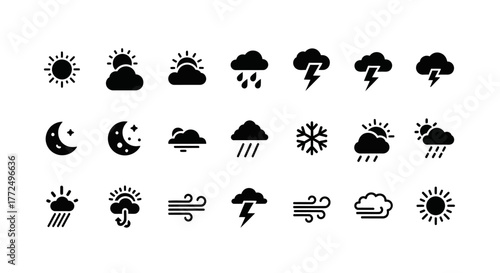 Collection of simple black weather forecast glyph icons. A complete set of meteorological symbols including sun, rain, storm, snow, and wind