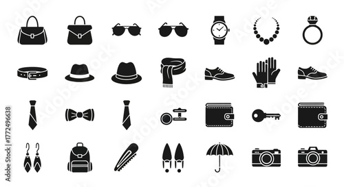 Modern glyph icon set of stylish personal effects and fashion accessories for men and women, isolated on white background