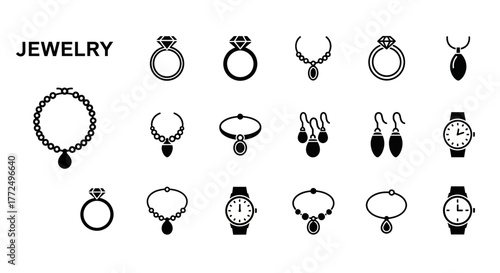 A versatile collection of minimalist jewelry and accessory line icons. Vector symbols for rings, watches, and necklaces isolated on white