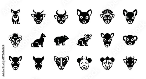 Solid black glyph icon collection of various mammal heads, including wildlife and zoo animals for modern design projects