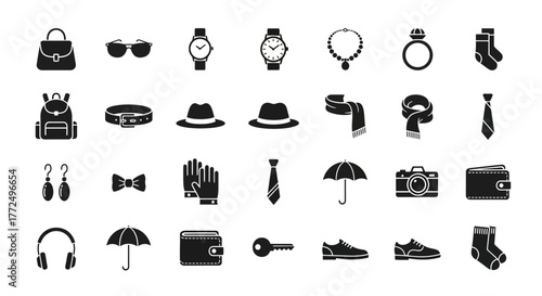 Men and women's fashion accessories glyph icon set. Vector collection of personal style elements and everyday items for web and graphic design
