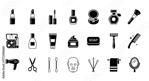 A comprehensive set of monochrome glyph icons representing various cosmetics, skincare products, and personal grooming tools for beauty care