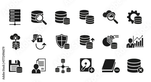 Collection of flat glyph icons for data management, database technology, cloud computing, server hosting and network security concepts