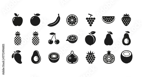 A comprehensive set of minimalist fruit icons in a solid black glyph style. Vector collection of healthy food symbols like apple, orange, and berry for design