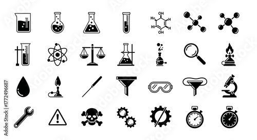 A comprehensive set of black glyph icons representing scientific research, chemistry lab equipment, and experimental symbols on a white background