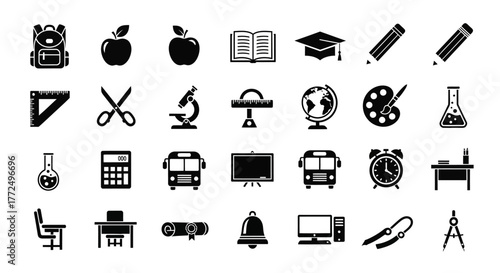 A comprehensive collection of black school and education icons. Vector glyph set for back to school design projects and learning concepts