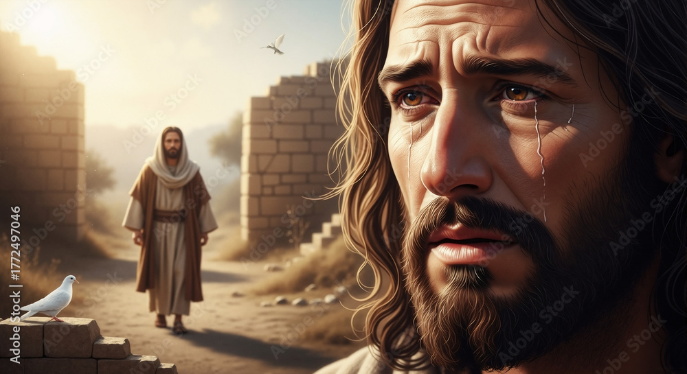 Naklejka premium A close-up portrait of Jesus Christ crying with tears of sorrow. Biblical illustration of Jesus weeping over Jerusalem with a dove as a symbol of the holy spirit