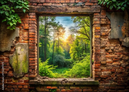 Double Exposure: Broken Wall, Nature's Embrace - Surreal Stock Photo