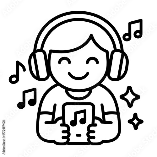 Happy Kid Listening to Music with Headphones and Smartphone Icon