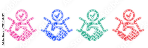 Four neon outline icons of a handshake with a checkmark above