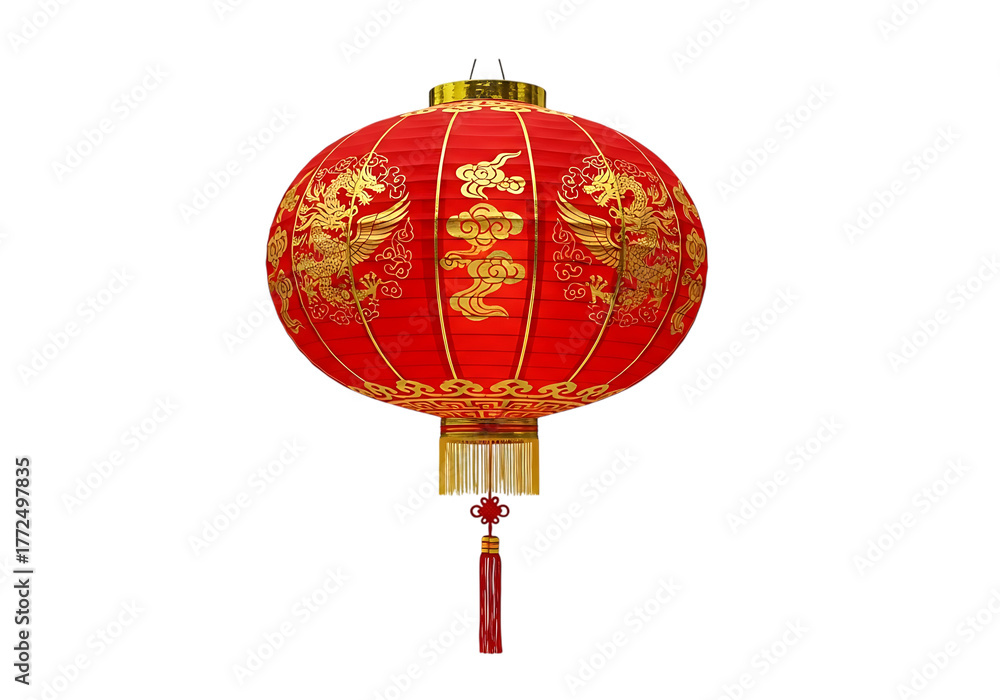 Obraz premium Vibrant red chinese lantern with golden ornate patterns illuminated for festive celebrations isolated on transparent background