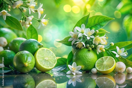 Double Exposure: Fresh Limes, Blossoms & Citrus Leaves - Vibrant Stock Photo