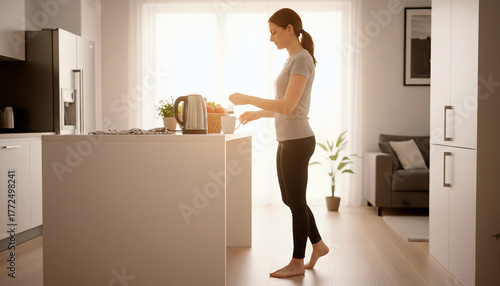 Woman preparing morning tea in a bright cozy kitchen at sunrise