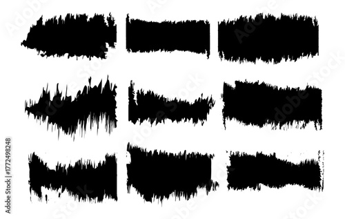 A collection of grunge brush stroke borders and rough ink frames in black and white. Perfect for adding artistic edge effects to your posters, web banners, or photo layouts.
