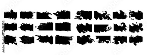 Set features a collection of black grunge brush strokes and banners in various abstract shapes. Perfect for graphic designers and artists, posters, backgrounds, and creative digital projects. 