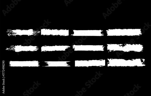White grunge paint brush strokes texture collection isolated on black background for digital design, banners, and posters
