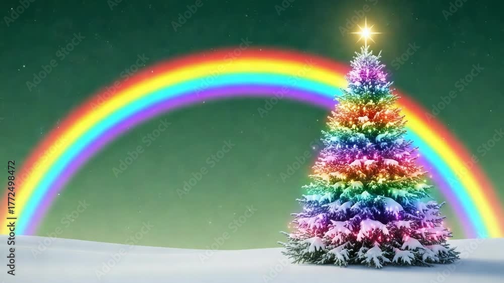 Snow covered christmas tree with a rainbow and stars in the night sky