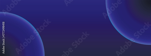 Light spheres on dark blue background. Abstract horizontal banner with circles. Technological template with neon glowing elements for presentations, advertising, vector graphics