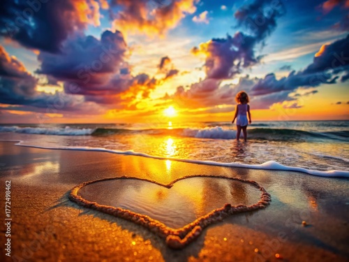 Double Exposure: Hand-Drawn Heart on Sandy Beach, Romantic Summer Love Concept