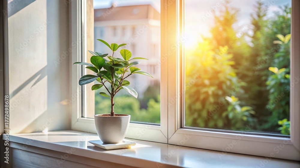 Fototapeta premium Double Exposure: Houseplant & Open Window, White Frame