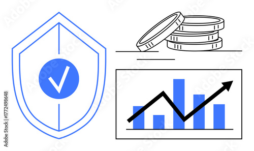 Shield with tick, coin stacks, and upward bar graph indicating security, savings, and financial growth. Ideal for finance, investment, saving, insurance protection growth planning and business
