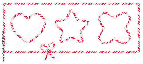 Christmas Candy Cane Frames and Borders with Festive Striped Heart, Star, Flower and Bow. Vector design New year elements isolated on transparent background. Editable stroke