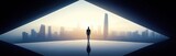 A man stands in an open space looking at a futuristic city skyline from a high-tech building interior with a gradient sky and cool tones