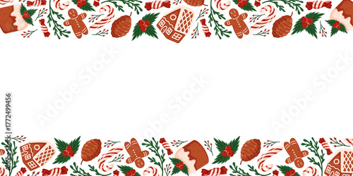 Festive border frame with gingerbread cookie, candy cane, pine cone, holly and Christmas cake on a white background in flat style. Design for holiday celebration card and bakery seasonal wallpaper.