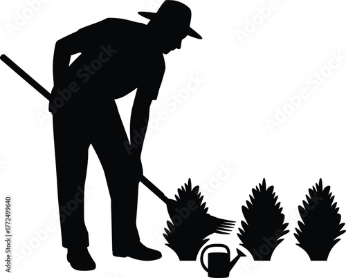 Silhouette of farmer working in garden with rake and plants, watering can beside, agricultural labor concept, rural lifestyle vector illustration