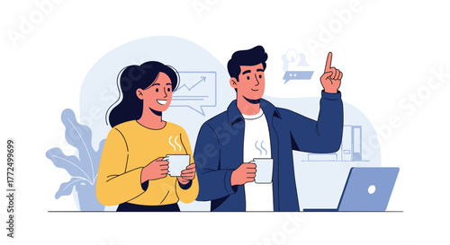 Business colleagues, a man pointing out an idea and a woman engaged in discussion, share a coffee break in a productive office setting.