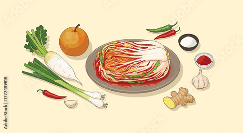 Traditional Korean napa cabbage kimchi on a plate, accompanied by fresh ingredients: radish, scallions, pear, garlic, ginger, and chilis.