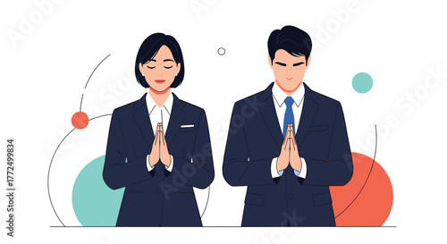 Professional man and woman with closed eyes and hands pressed together in a gesture of meditation, prayer, or respectful greeting, promoting peace and focus.