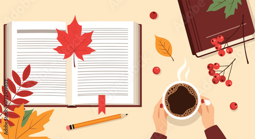 A cozy autumn flat lay featuring an open book with a red maple leaf bookmark, a steaming cup of coffee, colorful fall foliage, and red berries.