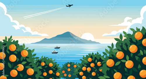 Scenic view of an orange grove overlooking a tranquil bay with boats, a distant mountain, and a plane flying overhead at sunrise or sunset.