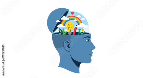 An open human head filled with a vibrant inner world of creativity, ideas, and emotions, depicted with a light bulb, rainbow, and nature.