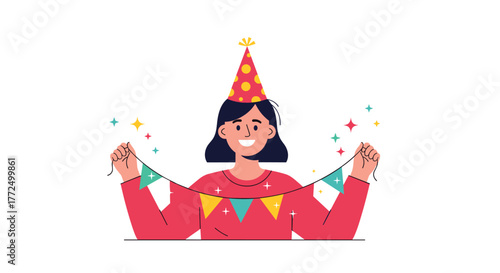 A cheerful woman wearing a festive party hat holds colorful bunting, celebrating a happy occasion with a bright smile.