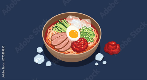 A vibrant illustration of spicy Korean cold noodles with sliced meat, a boiled egg, vegetables, and ice cubes, served in a traditional bowl.