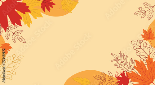An illustrative autumn background featuring a scattering of colorful flat and outline leaves, branches, and berries on a warm, inviting beige backdrop.