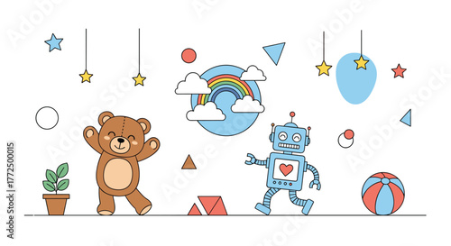 Cute teddy bear and playful robot with a colorful rainbow and abstract shapes in a joyful, childlike illustration.