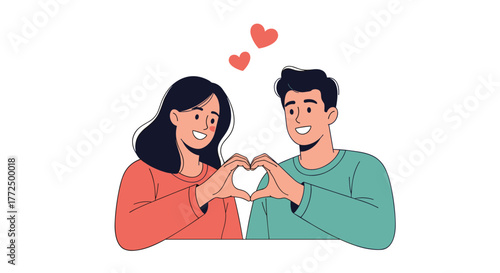 Happy couple making a heart shape with their hands, expressing love and affection, with floating hearts above them.