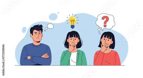 Diverse perspectives on problem-solving shown by a frustrated man, a woman with an idea, and another woman posing a question.